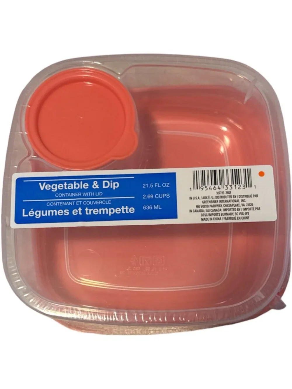 Vegetable Salad & Dip Dressing Container With Lid 21.5 fl. oz Coral new